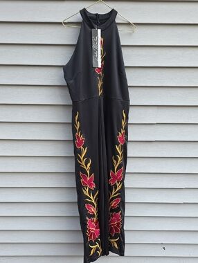 Dalia Macphee black Sleeveles Jumpsuit with Red & Gold Embroidered Floral Detail
